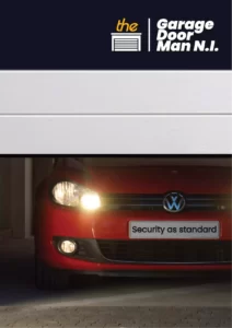 Red car inside garage with door