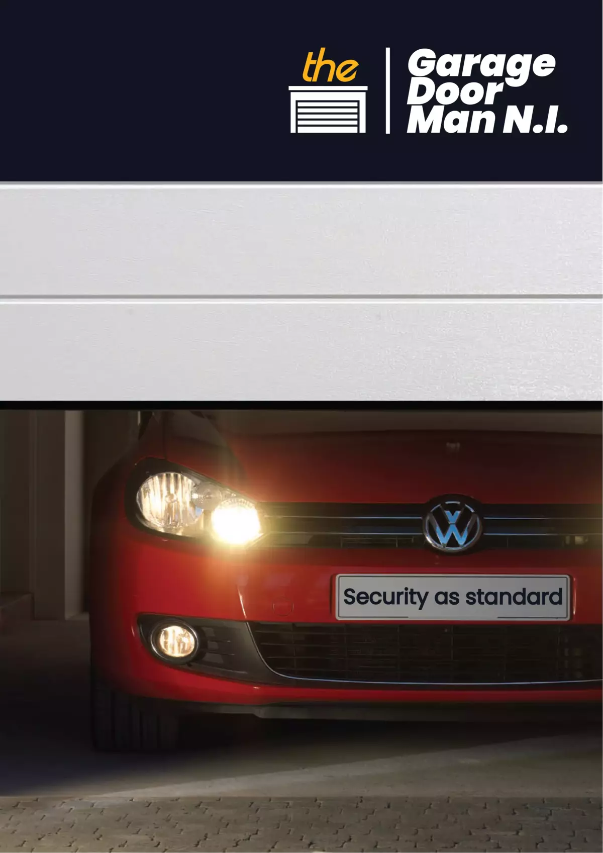 Red car inside garage with door